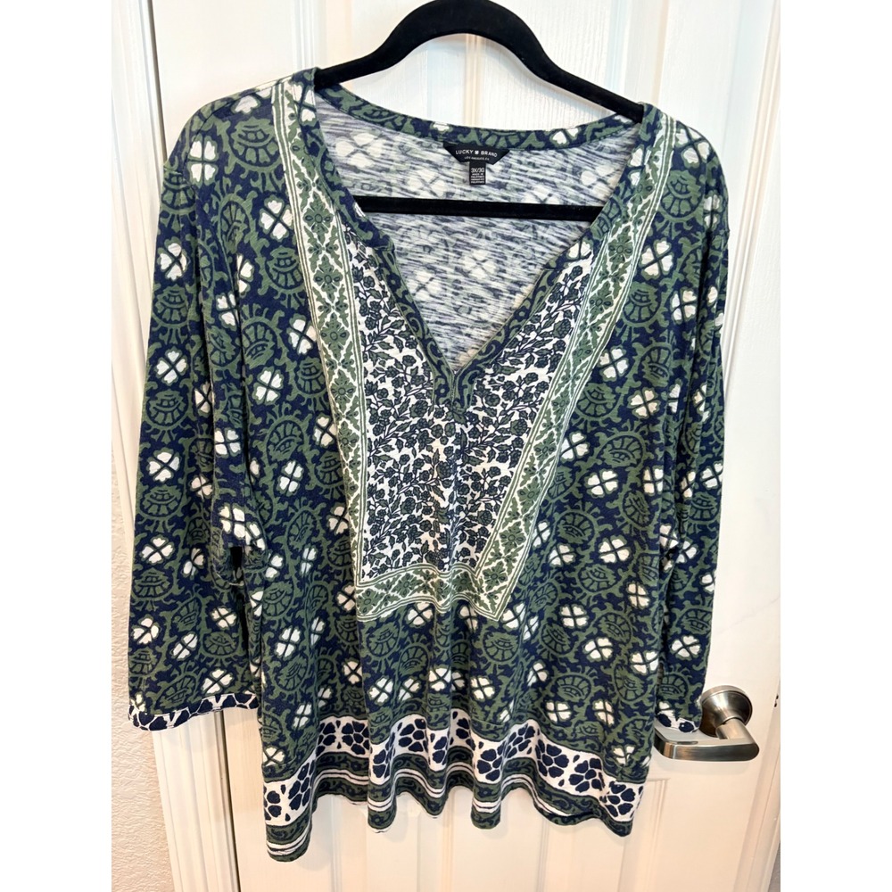 Lucky Brand Tunic Blue Green Medallion Floral Split Neck 3/4 Sleeve Boho Top